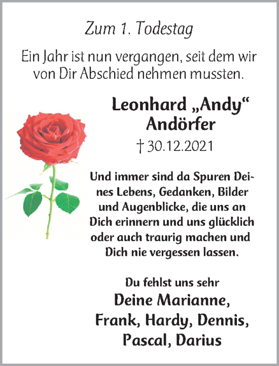 Traueranzeige von Leonhard Andörfer von Gesamtausgabe Nürnberger Nachrichten/ Nürnberger Ztg.