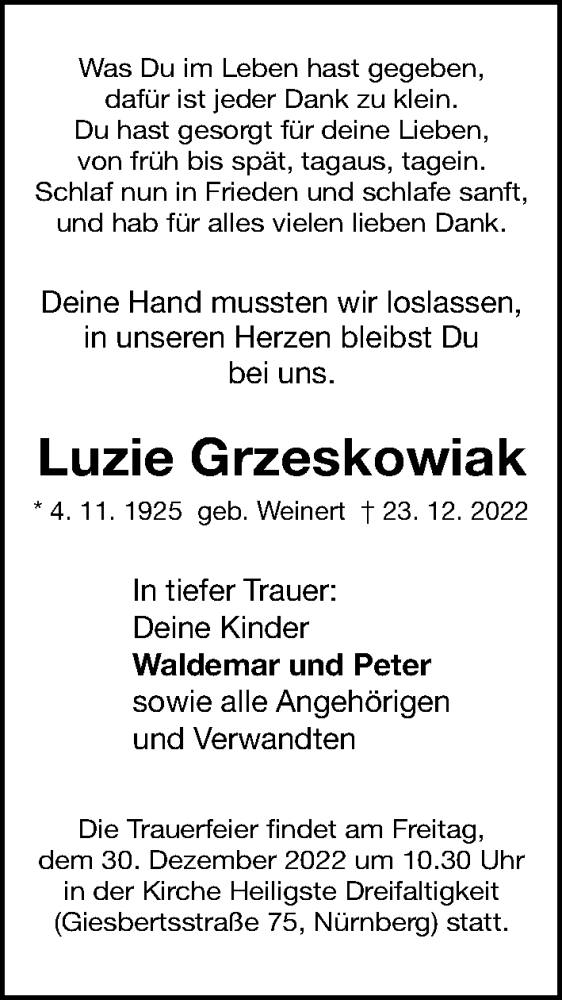  Traueranzeige für Luzie Grzeskowiak vom 28.12.2022 aus Gesamtausgabe Nürnberger Nachrichten/ Nürnberger Ztg.