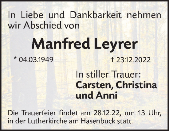 Traueranzeige von Manfred Leyrer von Gesamtausgabe Nürnberger Nachrichten/ Nürnberger Ztg.