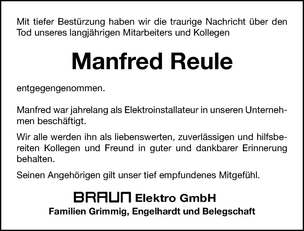  Traueranzeige für Manfred Reule vom 29.12.2022 aus Altmühl-Bote Lokal