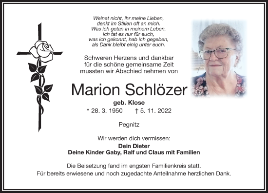 Traueranzeige von Marion Schlözer von Nordbayerische Nachrichten Pegnitz Lokal