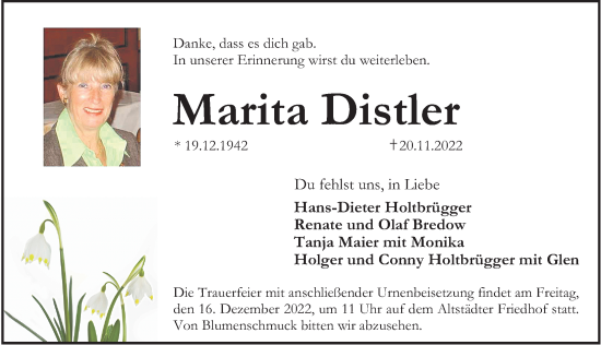 Traueranzeigen von Marita Distler | trauer.nn.de