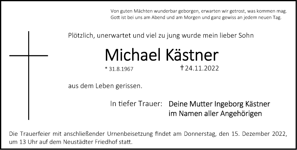  Traueranzeige für Michael Kästner vom 10.12.2022 aus Erlanger Nachrichten Lokal