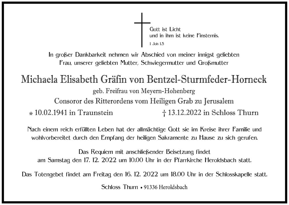  Traueranzeige für Michaela Elisabeth Gräfin von Bentzel-Sturmfeder-Horneck vom 16.12.2022 aus Nordbayerische Nachrichten Forchheim Lokal