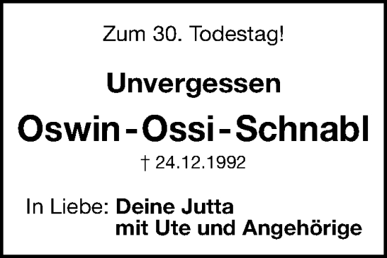 Traueranzeige von Oswin Schnabl von Gesamtausgabe Nürnberger Nachrichten/ Nürnberger Ztg.