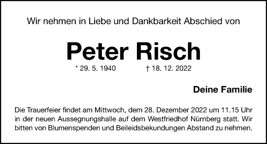 Traueranzeigen Von Peter Risch Trauernnde