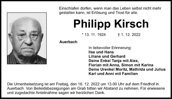 Traueranzeige von Philipp Kirsch von Nordbayerische Nachrichten Pegnitz Lokal