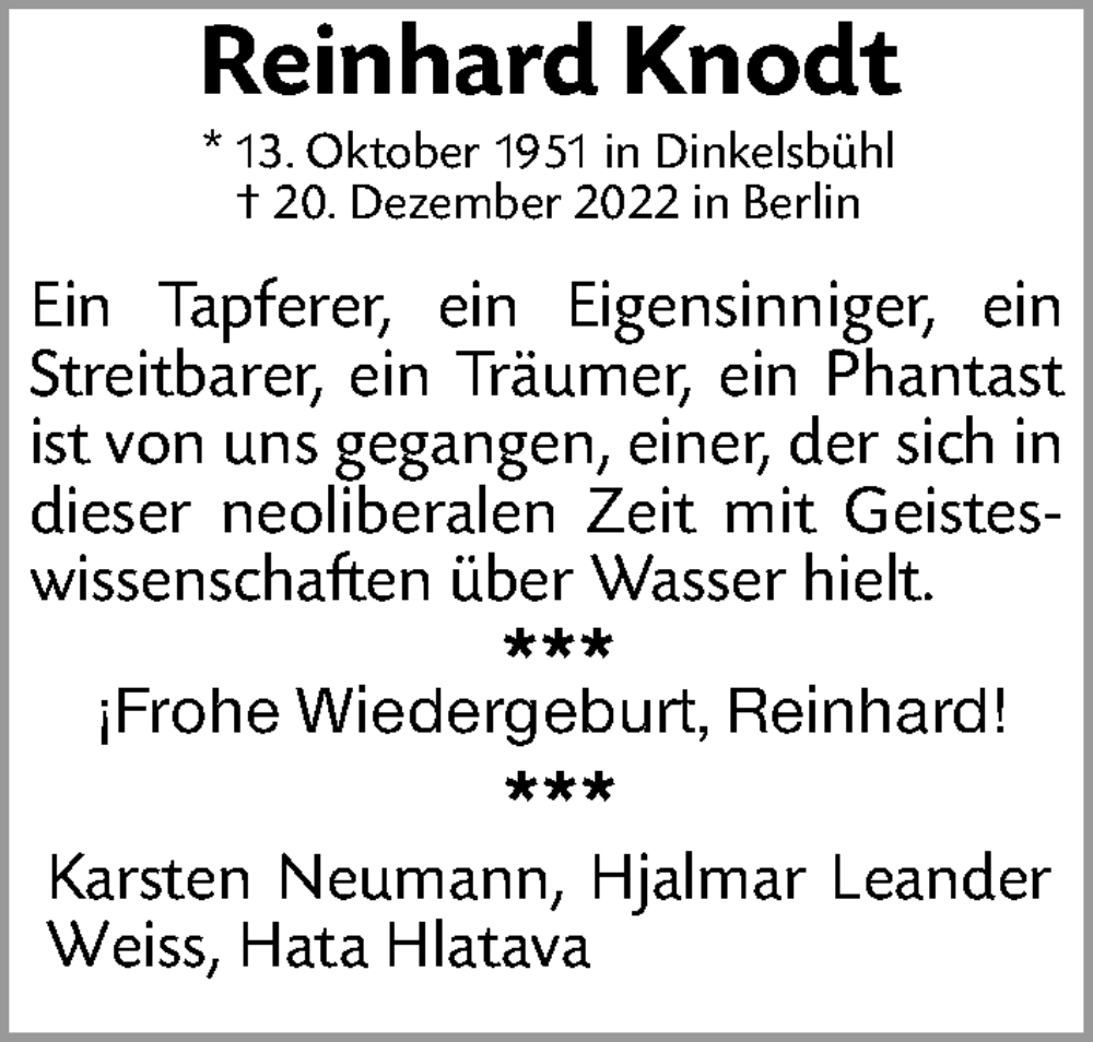  Traueranzeige für Reinhard Knodt vom 28.12.2022 aus Gesamtausgabe Nürnberger Nachrichten/ Nürnberger Ztg.