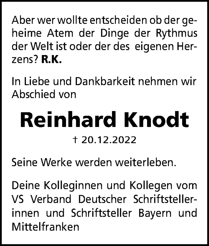  Traueranzeige für Reinhard Knodt vom 31.12.2022 aus Gesamtausgabe Nürnberger Nachrichten/ Nürnberger Ztg.