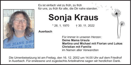 Traueranzeige von Sonja Kraus von Nordbayerische Nachrichten Pegnitz Lokal