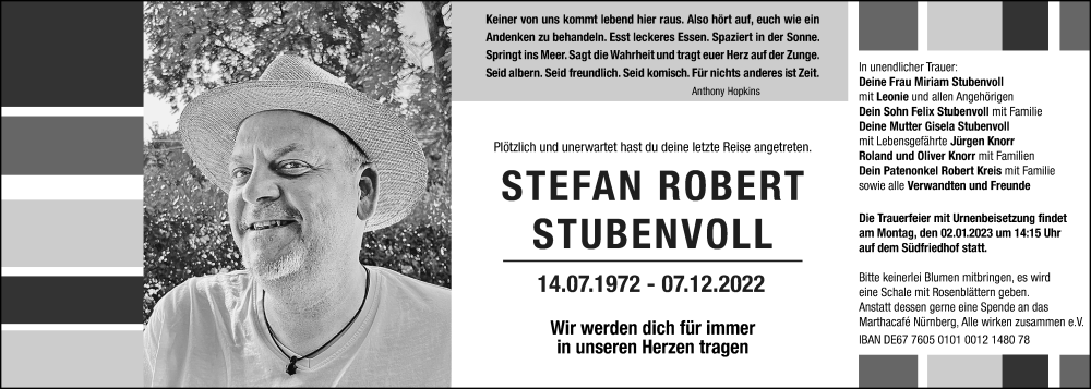  Traueranzeige für Stefan Robert Stubenvoll vom 31.12.2022 aus Gesamtausgabe Nürnberger Nachrichten/ Nürnberger Ztg.