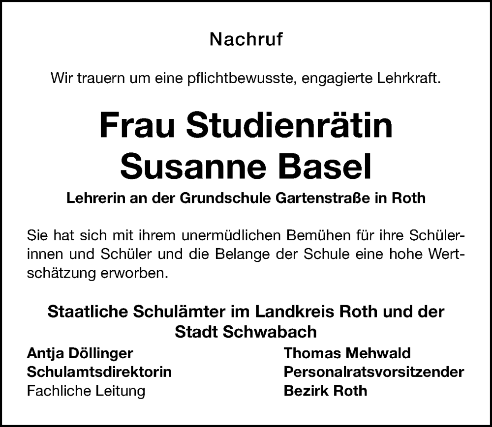  Traueranzeige für Susanne Basel vom 31.12.2022 aus Roth-Hilpoltsteiner Volkszeitung Lokal