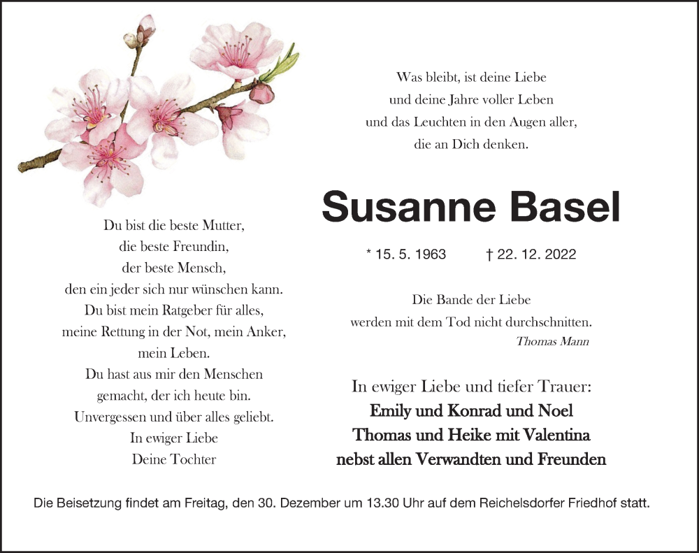 Traueranzeige für Susanne Basel vom 29.12.2022 aus Gesamtausgabe Nürnberger Nachrichten/ Nürnberger Ztg.
