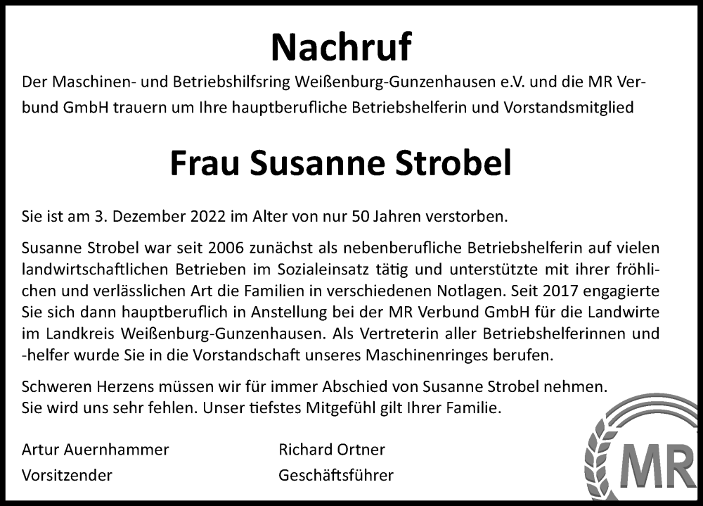  Traueranzeige für Susanne Strobel vom 10.12.2022 aus Altmühl-Bote Lokal