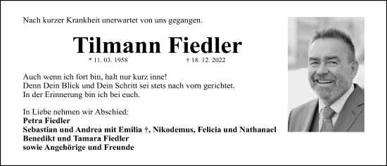 Traueranzeige von Tilmann Fiedler von Gesamtausgabe Nürnberger Nachrichten/ Nürnberger Ztg.