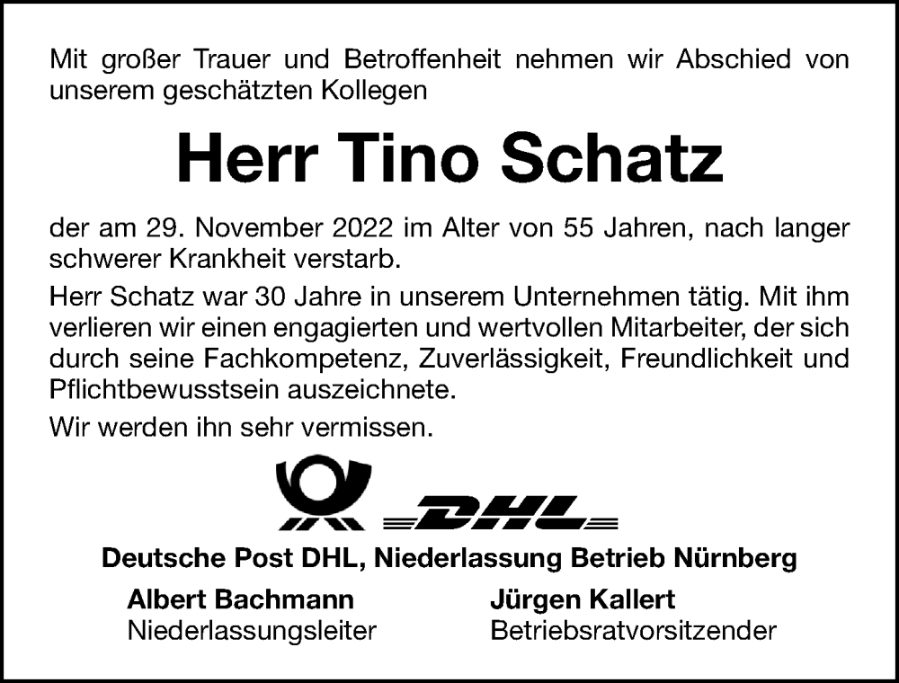  Traueranzeige für Tino Schatz vom 17.12.2022 aus Gesamtausgabe Nürnberger Nachrichten/ Nürnberger Ztg.