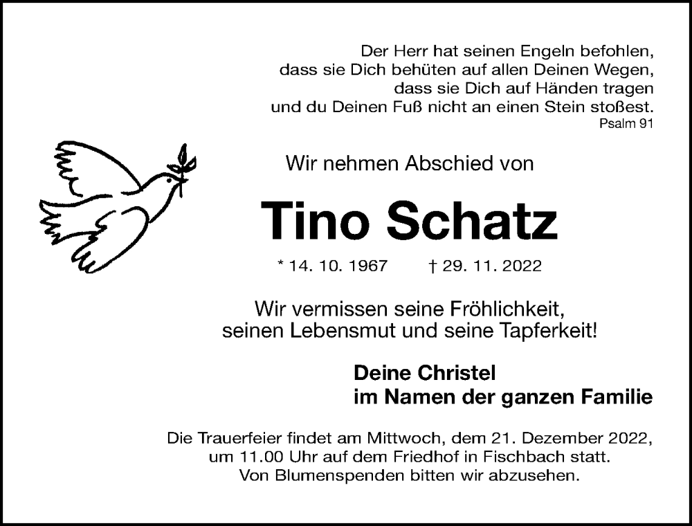  Traueranzeige für Tino Schatz vom 17.12.2022 aus Gesamtausgabe Nürnberger Nachrichten/ Nürnberger Ztg.