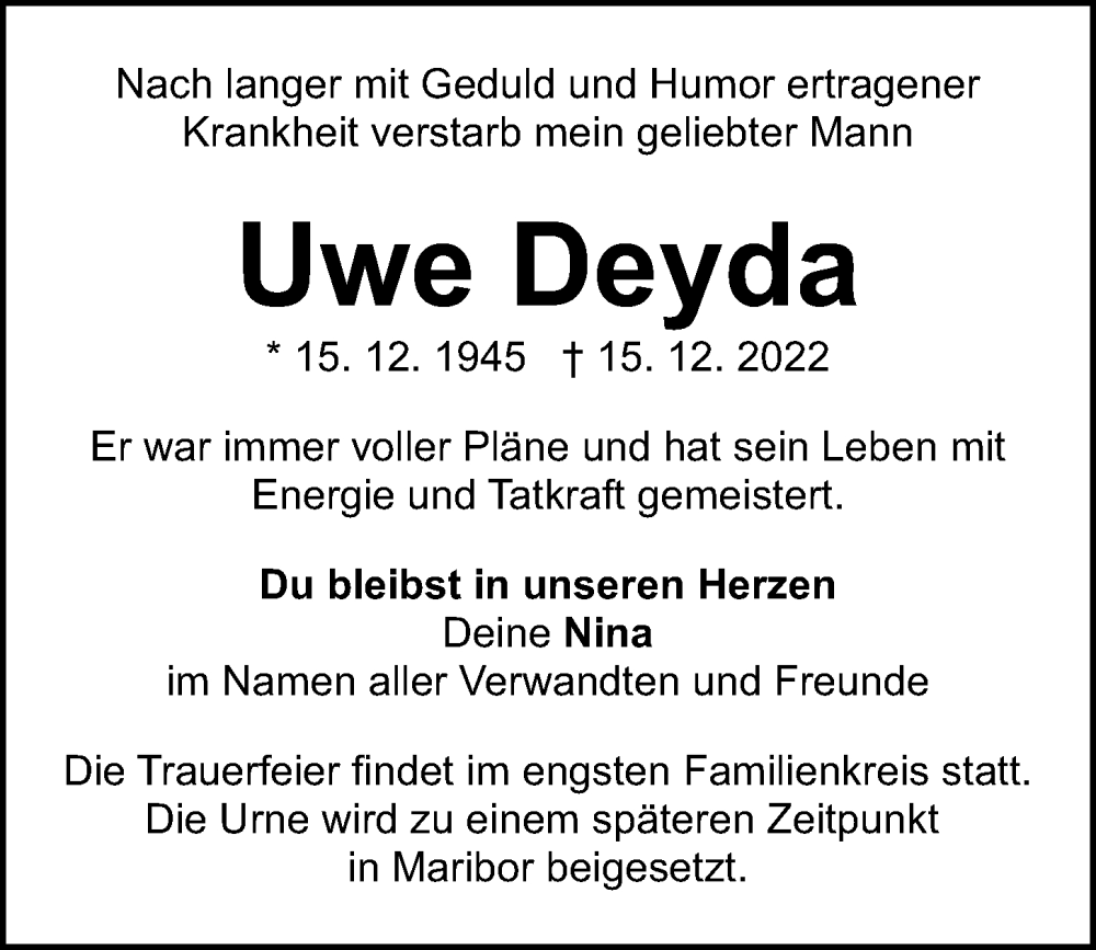  Traueranzeige für Uwe Deyda vom 21.12.2022 aus Gesamtausgabe Nürnberger Nachrichten/ Nürnberger Ztg.