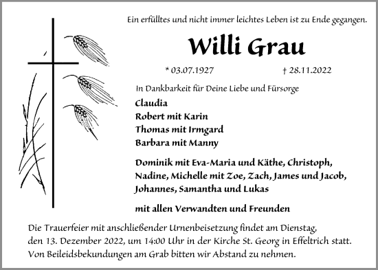 Traueranzeige von Willi Grau von Nordbayerische Nachrichten Forchheim Lokal