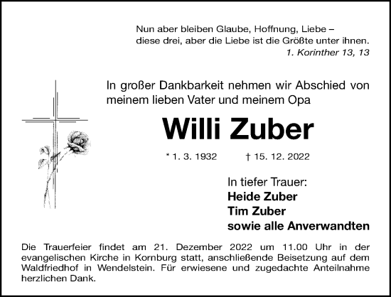 Traueranzeige von Willi Zuber von Gesamtausgabe Nürnberger Nachrichten/ Nürnberger Ztg./ Schwabach