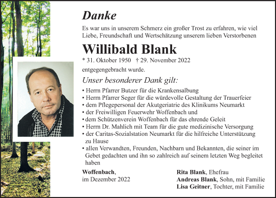 Traueranzeige von Willibald Blank von Neumarkter Nachrichten Lokal