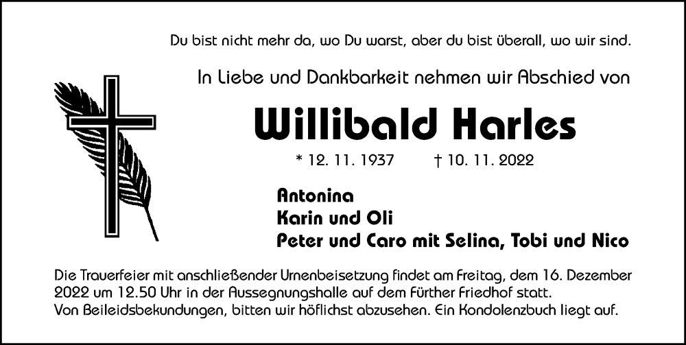  Traueranzeige für Willibald Harles vom 10.12.2022 aus Fürther Nachrichten Lokal