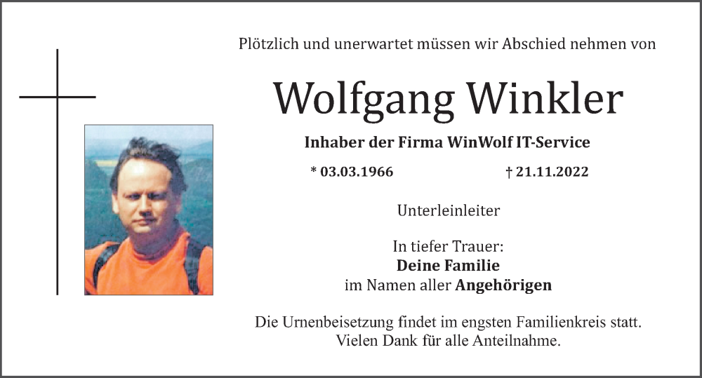  Traueranzeige für Wolfgang Winkler vom 02.12.2022 aus Nordbayerische Nachrichten Forchheim Lokal