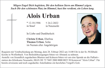 Traueranzeige von Alois Urban von Neumarkter Nachrichten Lokal