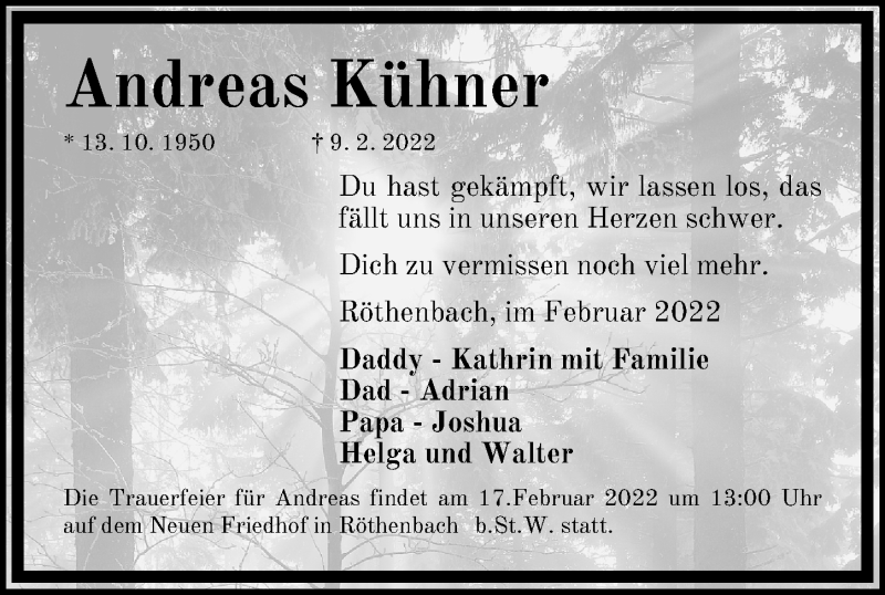  Traueranzeige für Andreas Kühner vom 16.02.2022 aus Gesamtausgabe Nürnberger Nachrichten/ Nürnberger Ztg.