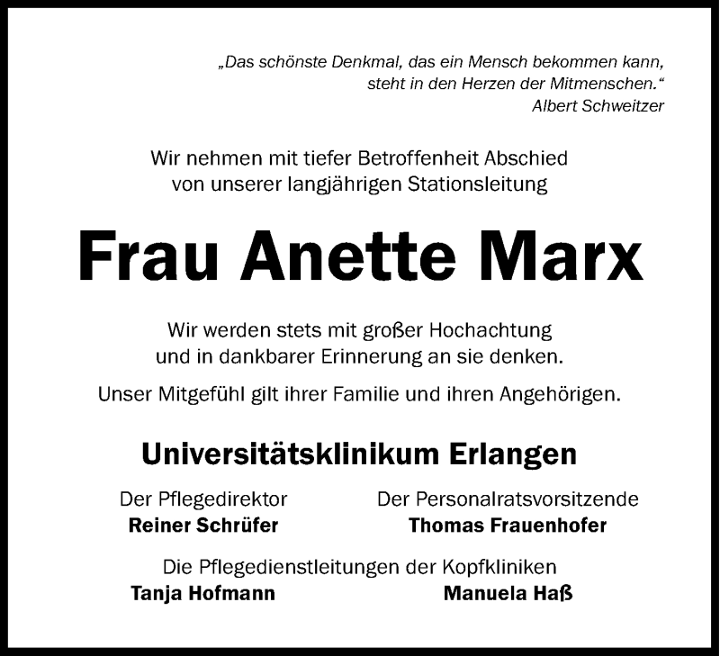  Traueranzeige für Anette Marx vom 05.02.2022 aus Erlanger Nachrichten Lokal
