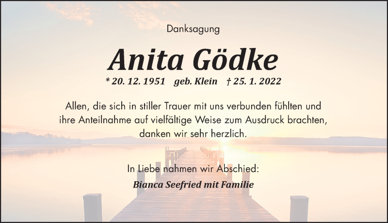  Traueranzeige für Anita Gödke vom 12.02.2022 aus Altmühl-Bote Lokal