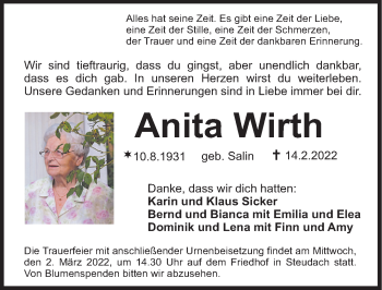 Traueranzeige von Anita Wirth von Erlanger Nachrichten Lokal