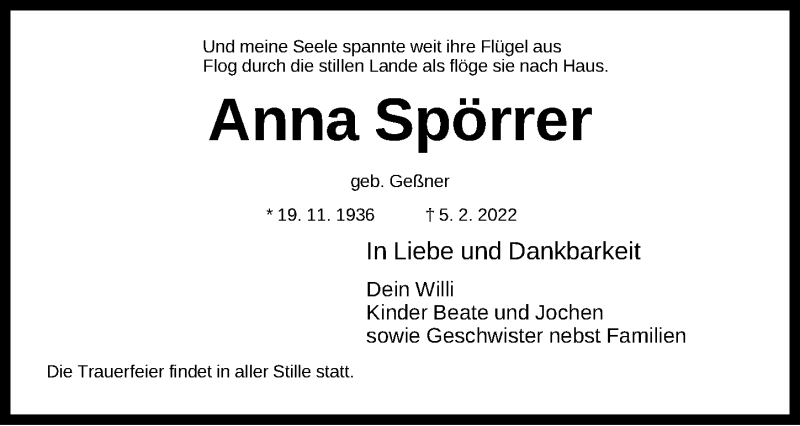  Traueranzeige für Anna Spörrer vom 12.02.2022 aus Gesamtausgabe Nürnberger Nachrichten/ Nürnberger Ztg.