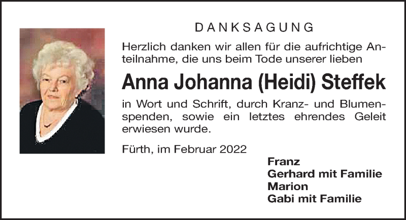  Traueranzeige für Anna Johanna Steffek vom 05.02.2022 aus Fürther Nachrichten Lokal