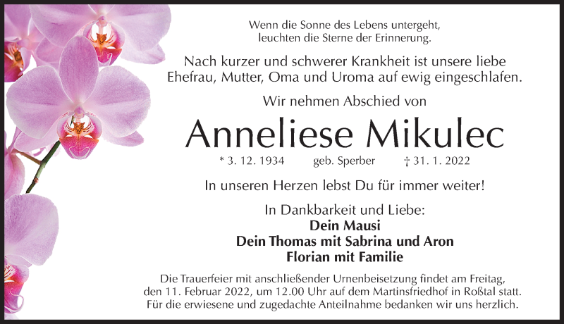  Traueranzeige für Anneliese Mikulec vom 05.02.2022 aus Fürther Nachrichten Lokal