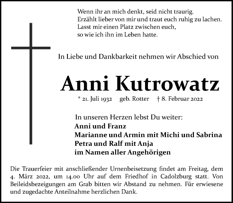  Traueranzeige für Anni Kutrowatz vom 26.02.2022 aus Fürther Nachrichten Lokal