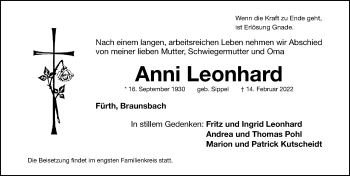 Traueranzeige von Anni Leonhard von Fürther Nachrichten Lokal