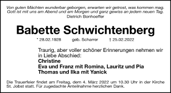 Traueranzeige von Babette Schwichtenberg von Gesamtausgabe Nürnberger Nachrichten/ Nürnberger Ztg.
