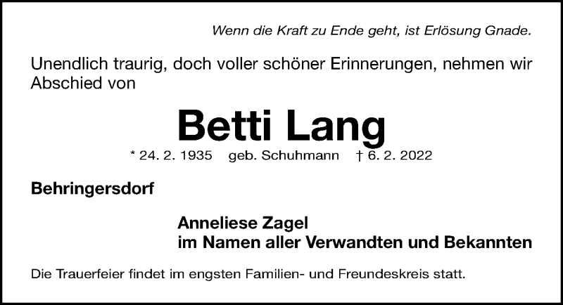  Traueranzeige für Betti Lang vom 12.02.2022 aus Gesamtausgabe Nürnberger Nachrichten/ Nürnberger Ztg.