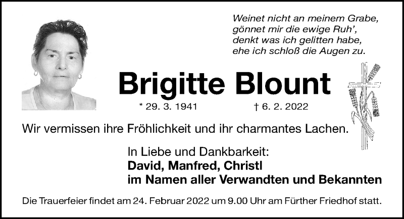  Traueranzeige für Brigitte Blount vom 19.02.2022 aus Fürther Nachrichten Lokal