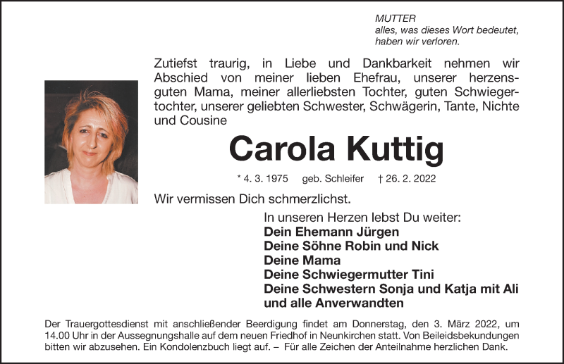  Traueranzeige für Carola Kuttig vom 01.03.2022 aus Nordbayerische Nachrichten Forchheim Lokal