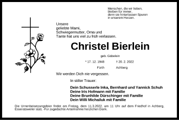 Traueranzeige von Christel Bierlein von Fürther Nachrichten Lokal