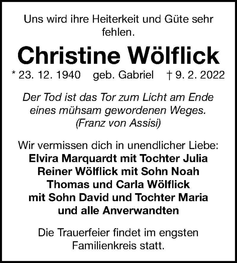  Traueranzeige für Christine Wölflick vom 19.02.2022 aus Gesamtausgabe Nürnberger Nachrichten/ Nürnberger Ztg.