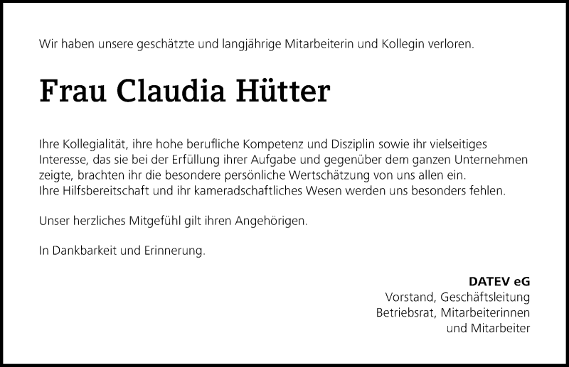  Traueranzeige für Claudia Hütter vom 14.02.2022 aus Gesamtausgabe Nürnberger Nachrichten/ Nürnberger Ztg.