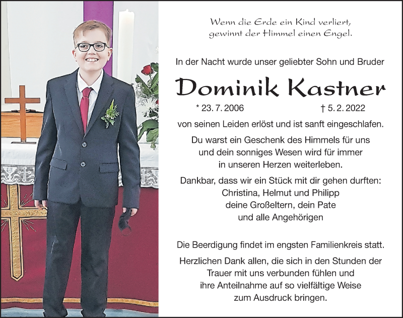  Traueranzeige für Dominik Kastner vom 08.02.2022 aus Altmühl-Bote Lokal