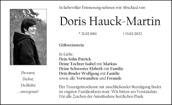 Traueranzeige von Doris Hauck-Martin von Nordbayerische Nachrichten Forchheim Lokal