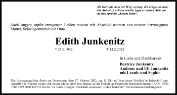 Traueranzeige von Edith Junkenitz von Erlanger Nachrichten Lokal