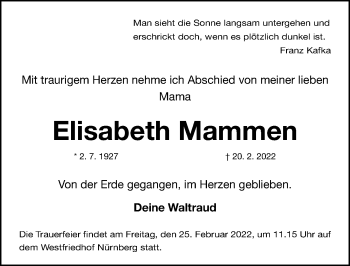 Traueranzeige von Elisabeth Mammen von Gesamtausgabe Nürnberger Nachrichten/ Nürnberger Ztg.