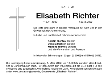 Traueranzeige von Elisabeth Richter von Altmühl-Bote Lokal
