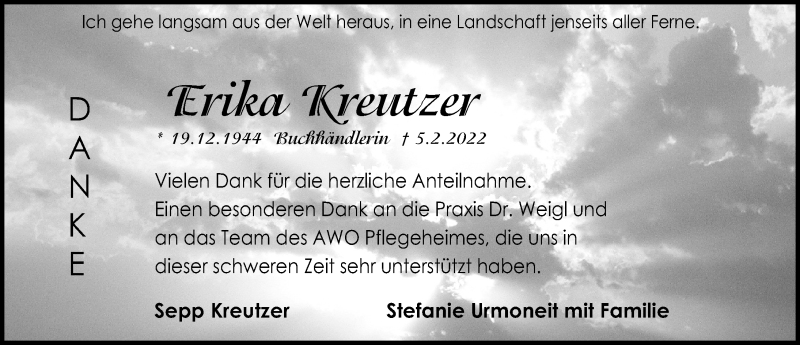 Traueranzeige für Erika Kreutzer vom 26.02.2022 aus Schwabacher Tagblatt Lokal